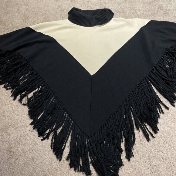 Fiore Bella Cowl Neck Poncho Women's M Cream/Black Merino Wool Blend Fringe Boho - Picture 6 of 10